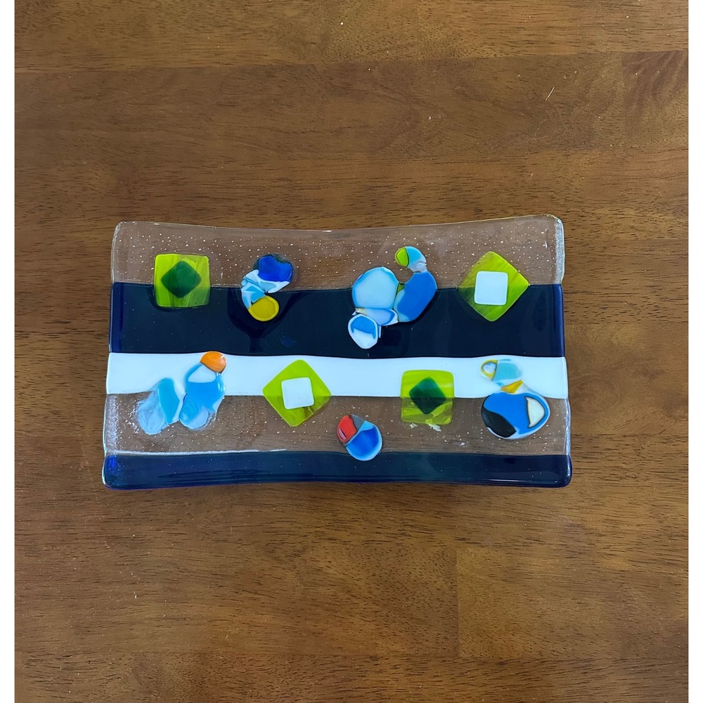 Unbranded Abstract Fused Art Glass Rectangular Tray Blue White Geometric Dish